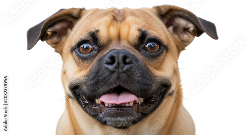 Close-up portrait of a tan pug mix dog with a black muzzle, wide brown eyes, and an open mouth showing a pink tongue against a black background
