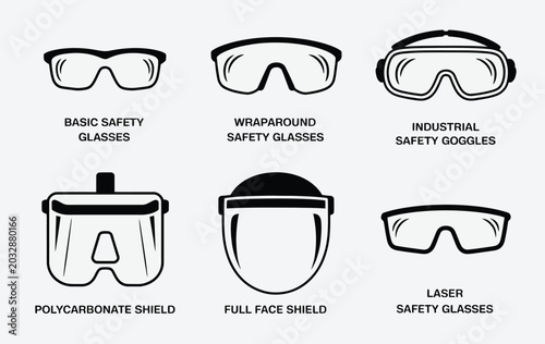 Personal protective equipment icons set featuring safety glasses goggles polycarbonate visor and full face shield icons for industrial work protection vector