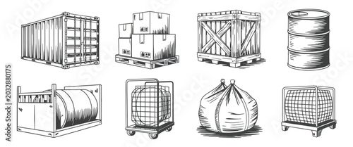 Logistics cargo packaging sketch set with shipping container cardboard boxes wooden crate metal barrel and industrial freight vectors hand drawn
