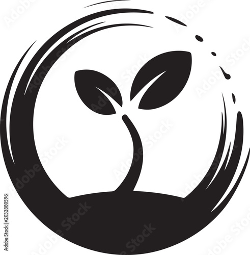Bilde på lerret A simple, elegant design featuring a plant sprout enclosed within a dynamic circular brushstroke