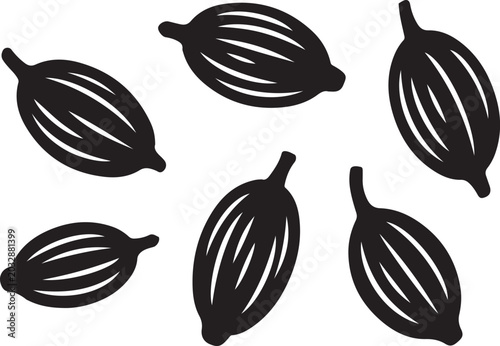 Foto A simple, hand-drawn illustration of six black cardamom pods, depicted in black ink on a white background