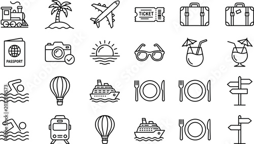 Bild auf Leinwand Travel tourism and summer vacation thin line icons set featuring airplane cruise ship passport suitcase sunglasses hot air balloon and tropical resort elements