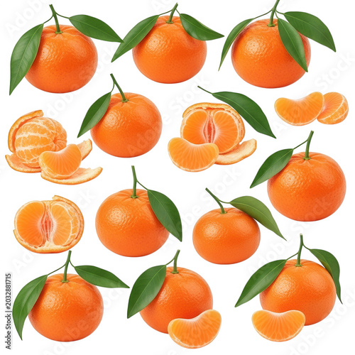 Collection of fresh whole and peeled mandarin oranges with green leaves isolated on a black background, showing various angles and segments