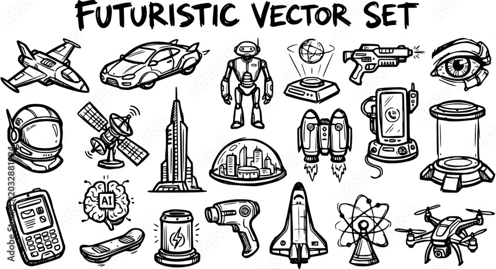 Obraz premium Futuristic Technology and Science Vector Set: Line Art Icons for AI, Space, and Innovation