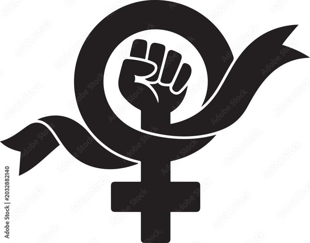 Fototapeta premium Symbol of female empowerment and resistance against violence, featuring the Venus symbol with a raised hand and a white ribbon. Black icon silhouette vector