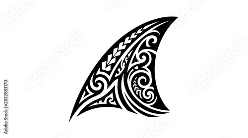 Photos Shark fin silhouette incorporates detailed Polynesian tribal patterns for a bold aquatic design