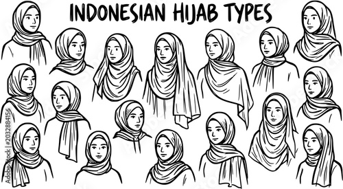 Tableau sur toile Indonesian Hijab Types Black and White Line Art Illustration - Fashion and Cultu