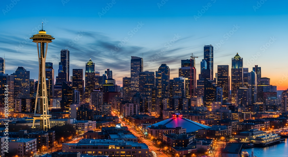 Obraz premium Cityscape of Seattle at sunset with Space Needle and waterfront