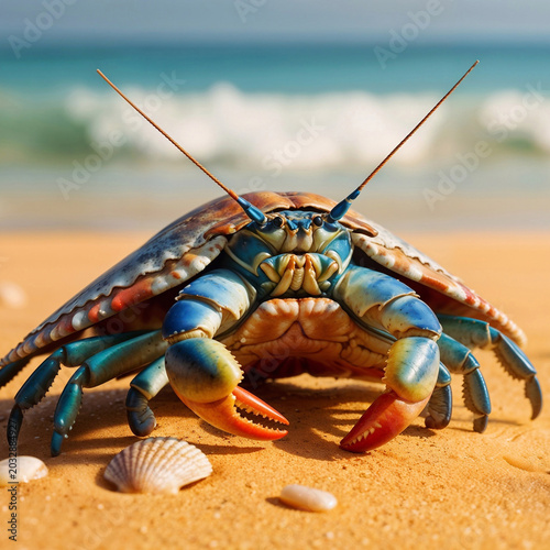 A colorful blue crab on a sandy beach with seashells. The ocean waves gently lap at the shore in the background