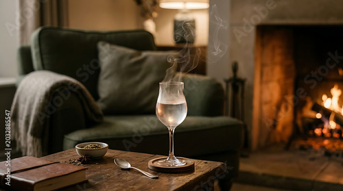 Steaming anisette glass with clear liquid and vapor rising in a cozy interior setting
