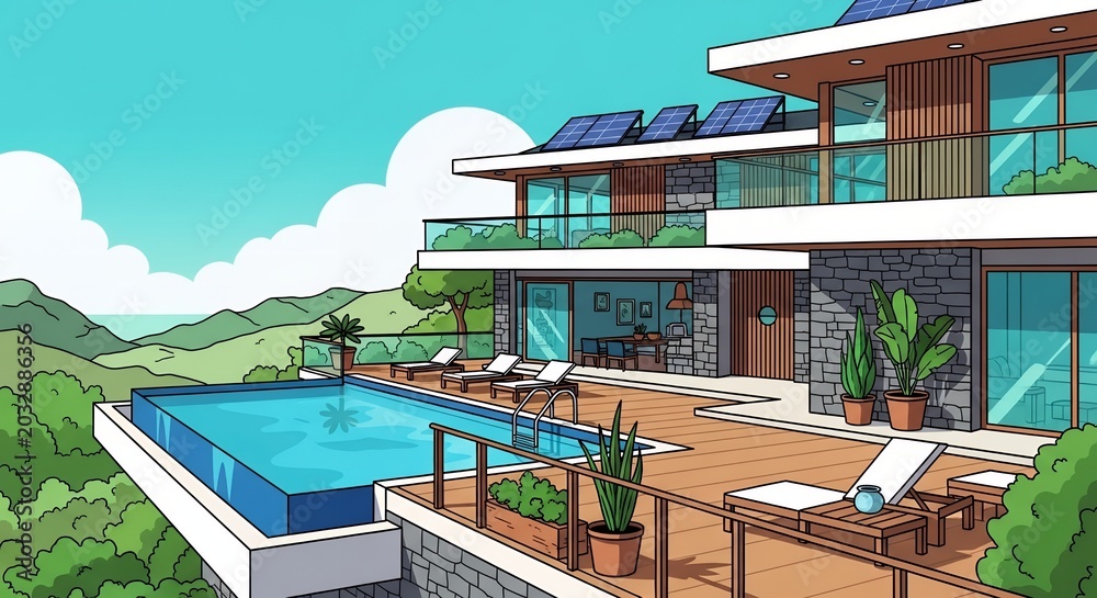 Fototapeta premium Modern Luxury Villa Illustration with Infinity Pool Solar Panels and Scenic Mountain View