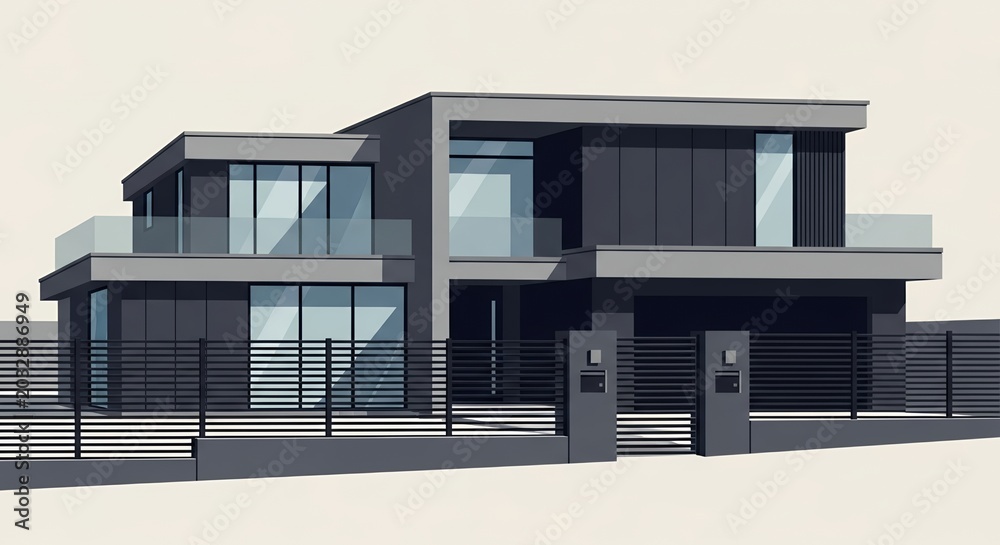Fototapeta premium Modern Minimalist Luxury House Exterior Illustration with Flat Roof Glass Balconies and Black Fence Contemporary Architecture Design