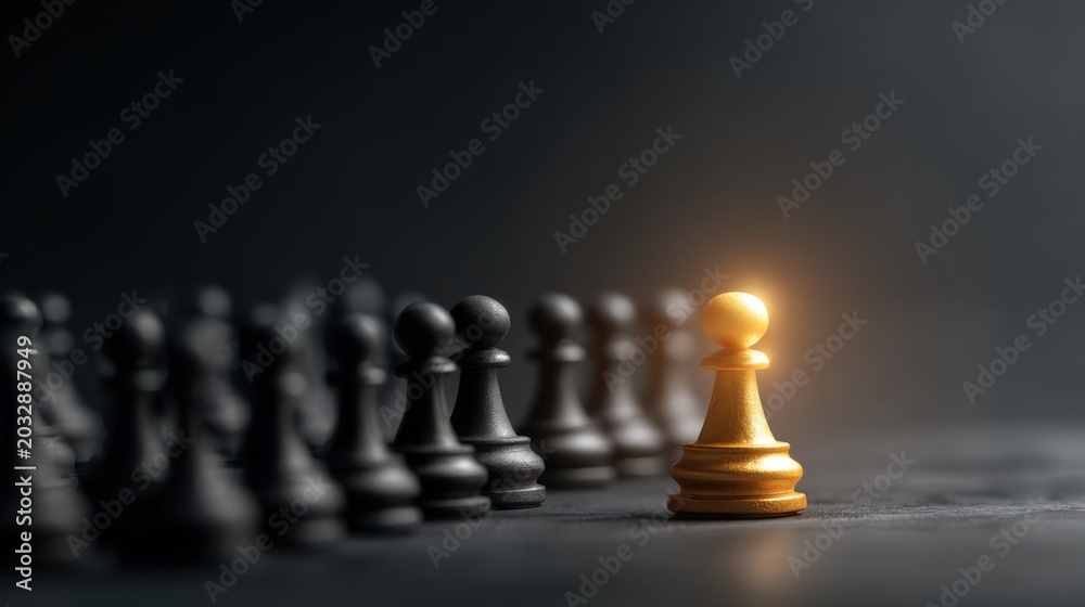 Obraz premium A golden pawn leading a line of black pawns on a dark surface, representing leadership and strategy
