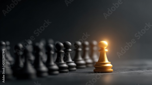 A golden pawn leading a line of black pawns on a dark surface, representing leadership and strategy