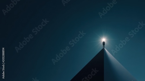 A lone person standing on the pinnacle of a pyramid-like structure, illuminated by a brilliant light source above, symbolizing aspiration and achievement