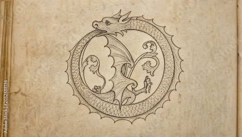 marginalia. A circular dragon-like creature from medieval manuscript marginalia on parchment. event programs, museum guides, designed for cultural heritage projects and event programs.