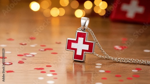 swiss. Swiss cross pendant with red and white confetti on wooden surface. event programs, museum guides, designed for cultural heritage projects and event programs, supports education.