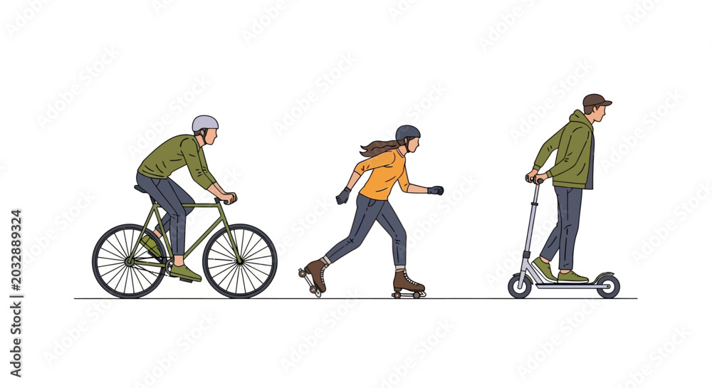 Obraz premium people cycling rollerblading and riding scooter outdoors