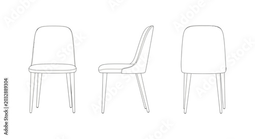 modern dining chair front side and back view clean line drawing