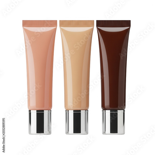 Three cosmetic tubes with different shades of liquid foundation makeup isolated on transparent background beauty product.