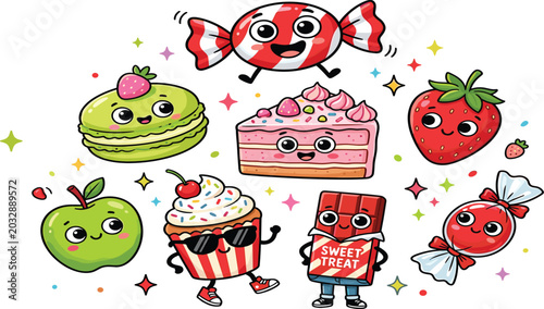 Schilderij op canvas Cute Kawaii Sweet Food Cartoon Vector Collection – Happy Dessert Characters, Spa