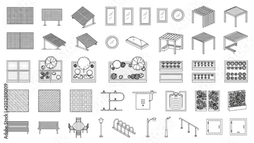 Rooftop Garden CAD Blocks Premium Top View Sustainable Architecture Vector Set with Solar Panels, Skylights, Pergolas and Eco Landscaping Toolkit, 
Editable Line Art Elements