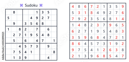 Sudoku puzzle grid with numbers and solutions highlighted in red  