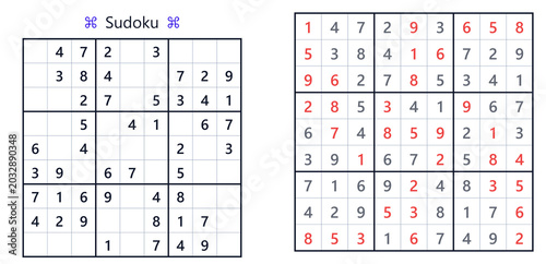 Sudoku puzzle grids with numbers in black and red colors  