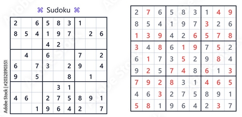 Sudoku puzzle grids with completed and partially filled sections  