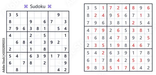 Sudoku puzzle grid with numbers and highlighted solutions in red  