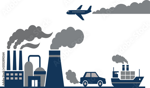 Industrial and transportation air pollution illustration showing factory smokestacks, vehicles, ships, and airplanes emitting harmful emissions