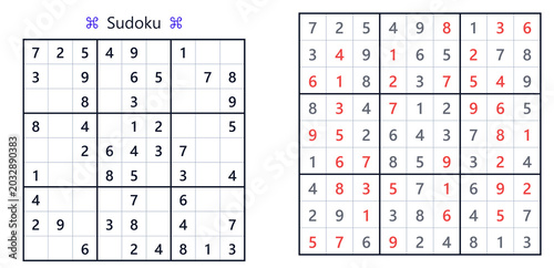 Sudoku puzzle grids with solutions and clues in red and blue  