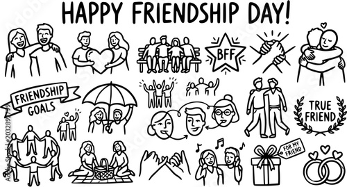 Happy Friendship Day doodle art icons, diverse friends celebrating, black and white line drawing, friendship goals, best friends forever, true friend symbol