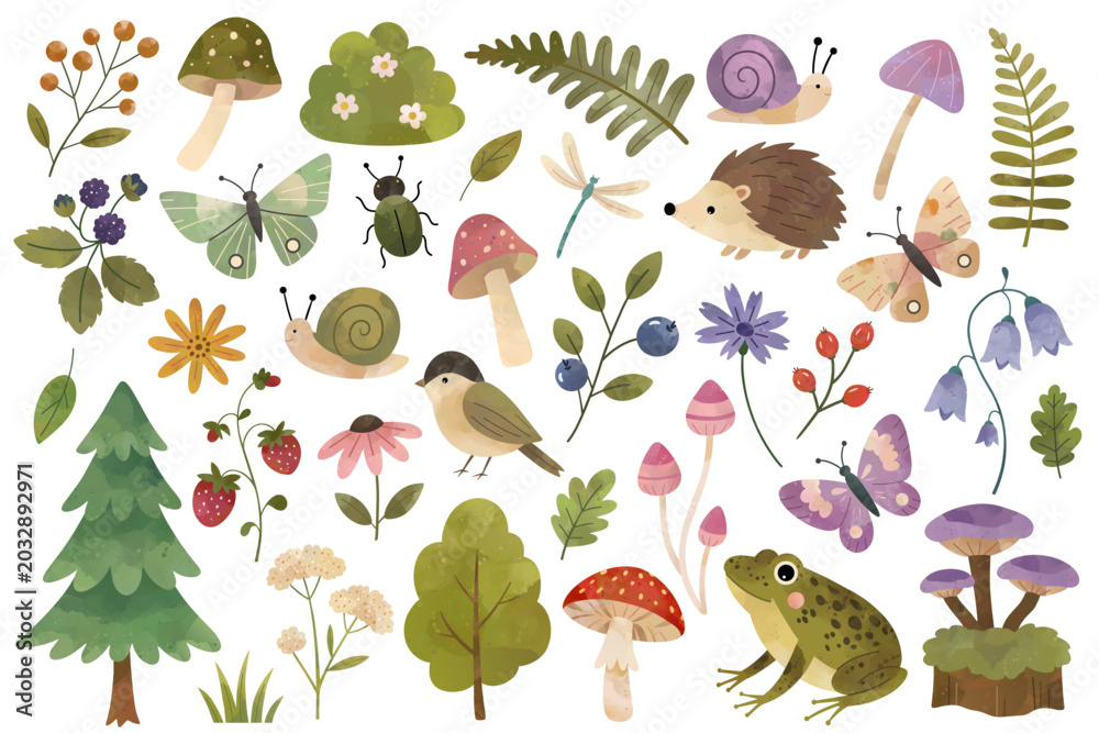 Naklejka premium Watercolor summer forest collection. Hand drawn woodland set. Berries, leaves, flowers, butterflies. Cute animals