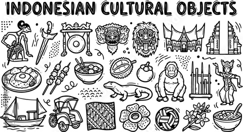 Indonesian Cultural Objects - Black and White Line Art Vector Illustration