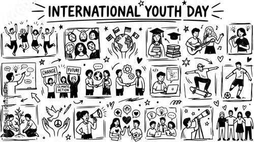 Black and White Line Art Illustration of International Youth Day Activities and Concepts