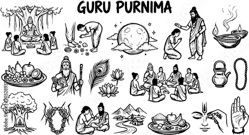 Guru Purnima Line Art: Indian Festival Celebration with Gurus and Devotees, Black and White Vector Illustration