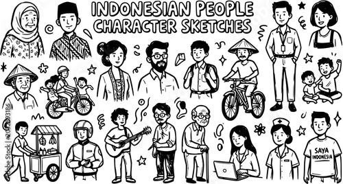 Indonesian People Character Sketches: Diverse Black and White Hand-drawn Line Art Illustrations of Culture and Occupations