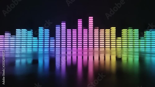 Digital equalizer graphic with colorful pulsating bars and reflections