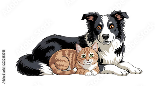 A high-quality PNG illustration of an adorable Border Collie dog and tabby cat lying peacefully toge