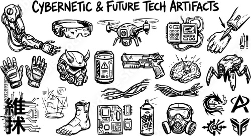 Black and White Hand-Drawn Cybernetic  Future Tech Artifacts Collection - Sci-Fi Robotics and AI Line Art Illustration Set