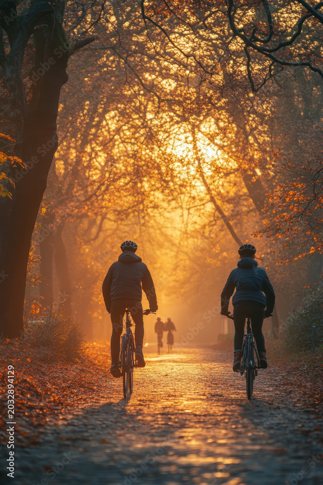 Fototapeta premium people riding bicycles on a forest path.