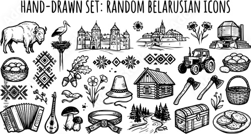Hand-Drawn Belarusian Icons Set. Black and White Line Art Collection of National Symbols, Culture, Travel, Tradition, Food, Architecture, and Nature Elements.