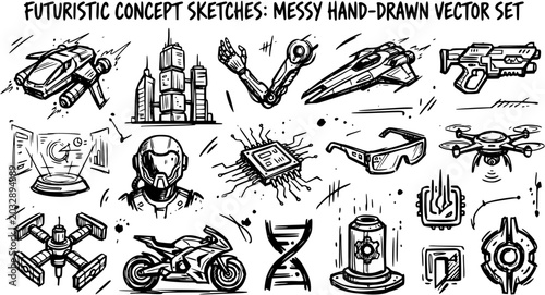 Hand-Drawn Black  White Vector Sketches of Futuristic Technology Concepts. Messy Line Art Collection of Sci-Fi Gadgets, Vehicles, and Cyberpunk Elements.