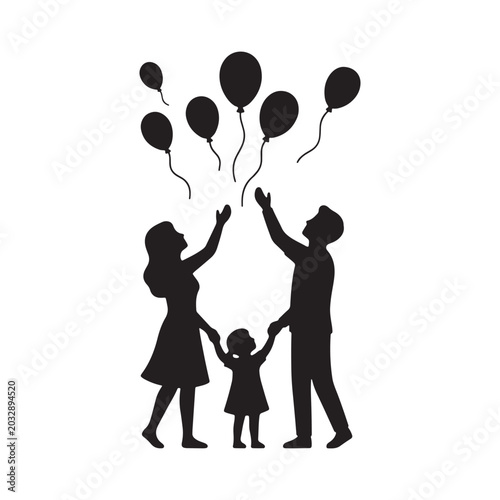 Silhouette of family with balloons celebrating global day of parents on white background