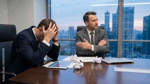 Business partners in conflict at office table showing failed negotiations, contract dispute, workplace stress, and breakdown of partnership with visible frustration and disagreement
