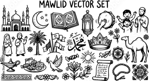 Islamic Mawlid Celebration Hand-Drawn Vector Set: Muslim Cultural Symbols, Religious Elements  Holiday Icons in Black and White Line Art
