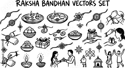 Raksha Bandhan Vector Set: Black  White Line Art Illustrations of Indian Festival Traditions
