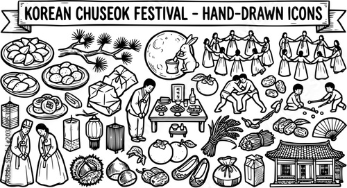 Korean Chuseok Festival Hand-Drawn Icons: Food, Family, Culture, Traditions, Autumn Celebration, Line Art