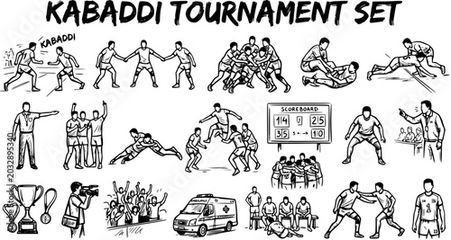 Kabaddi Tournament Set: Line Art Illustrations of Players, Scoreboard, Ambulance, Trophies  More